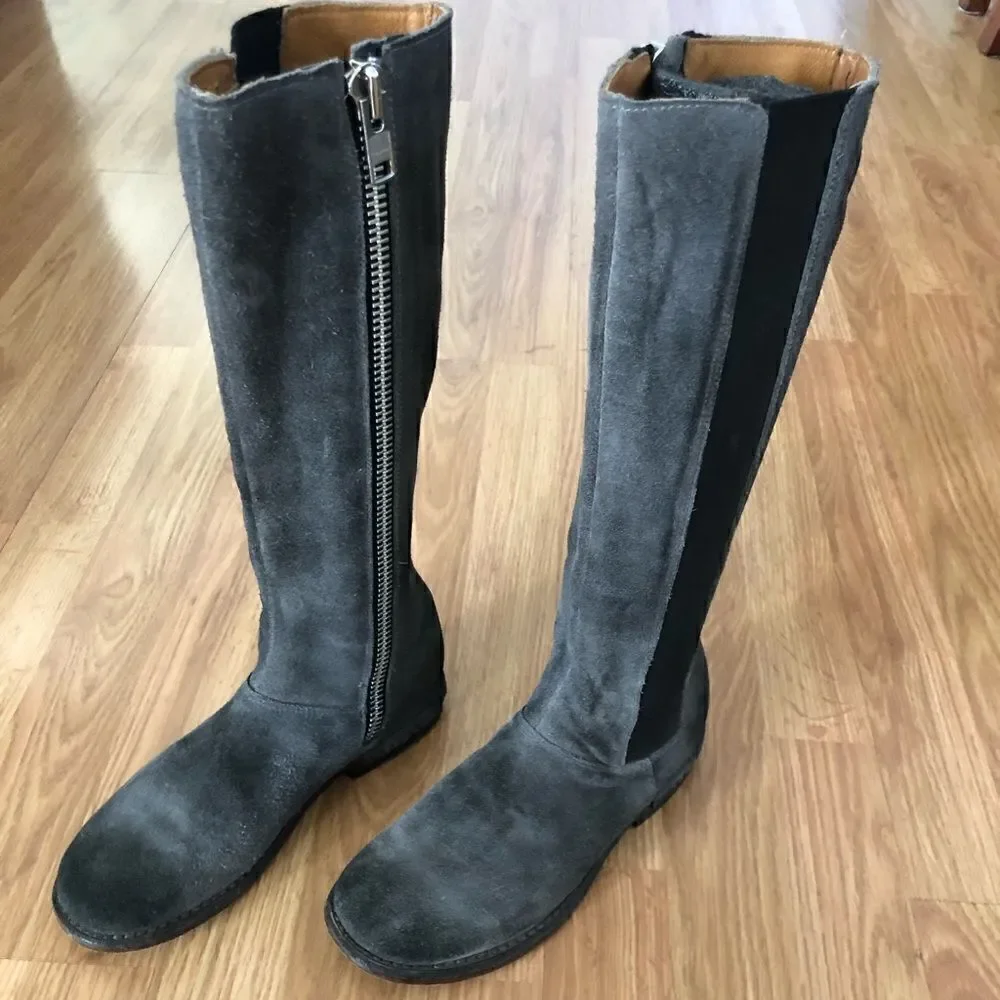 Bed Stu Tall Gray Suede Leather Boots Side Zip